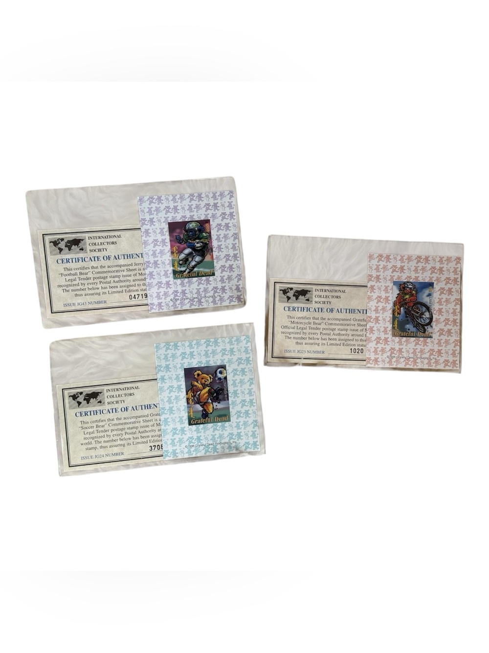 Grateful Dead Collector Stamp Set of 3 w CAO Jerry Garcia Sports Bears 1998